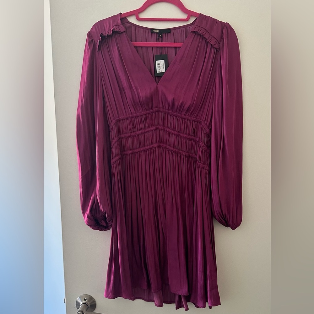 MaJe Dark Pink Flowing Satin Dress